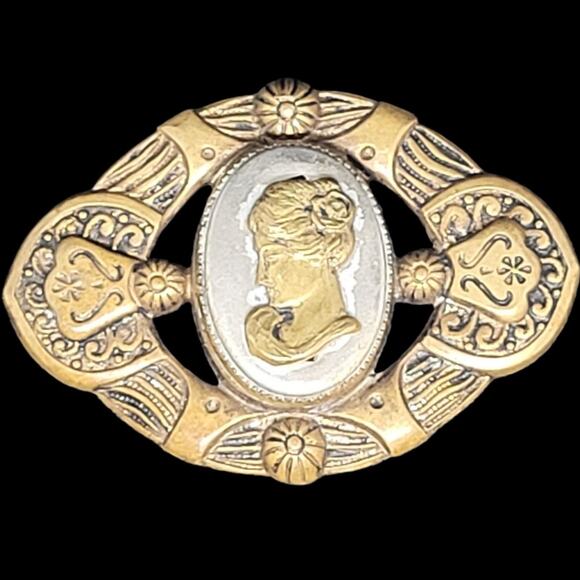 Retro Gold Tone Cameo Filigree Brooch Vintage Art Nouveau Chic Statement - Picture 1 of 7